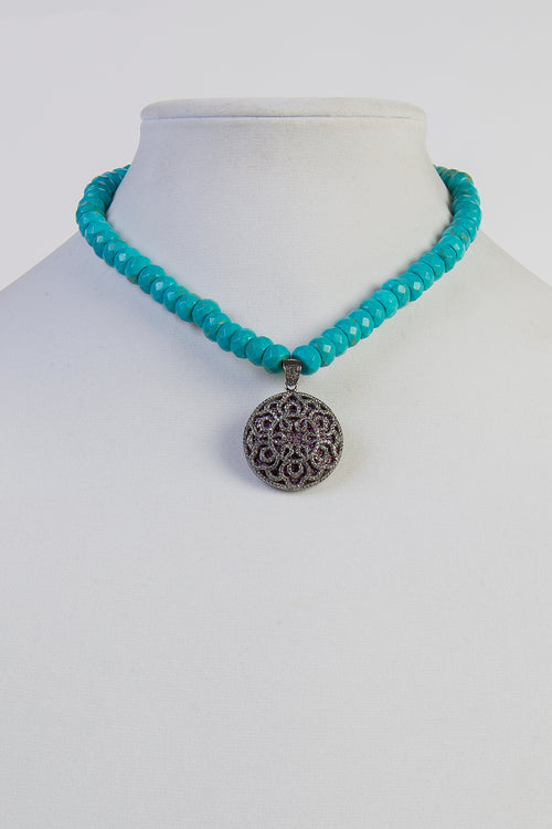 Turquoise and pave white topaz and ruby necklace