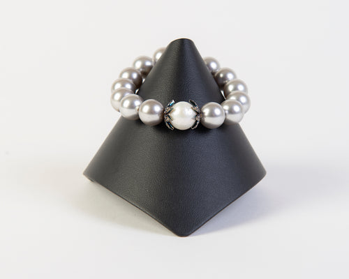 Grey and white freshwater pearls with pave diamond caps