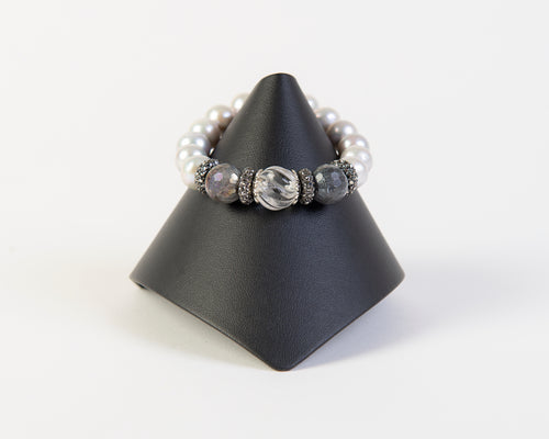Rock crystal and hematite with grey pearl