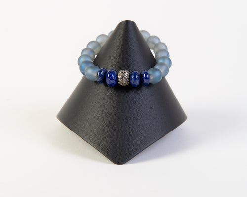 Pave diamond and frosted quartz and lapis bracelet