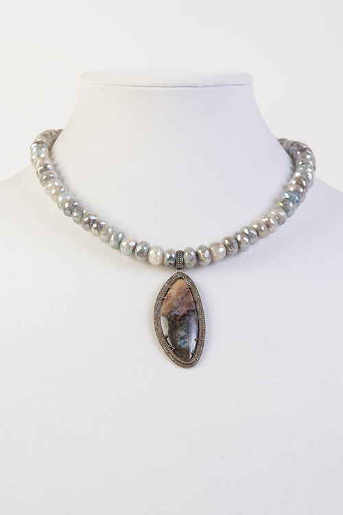 Mystic moonstone surrounded by pave diamond and jasper pendant