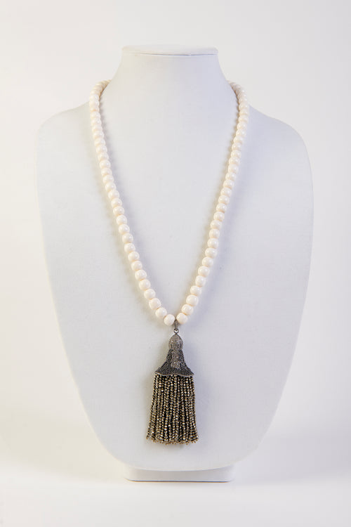 Pyrite and  black spinel and pave diamond large tassel on bone beads