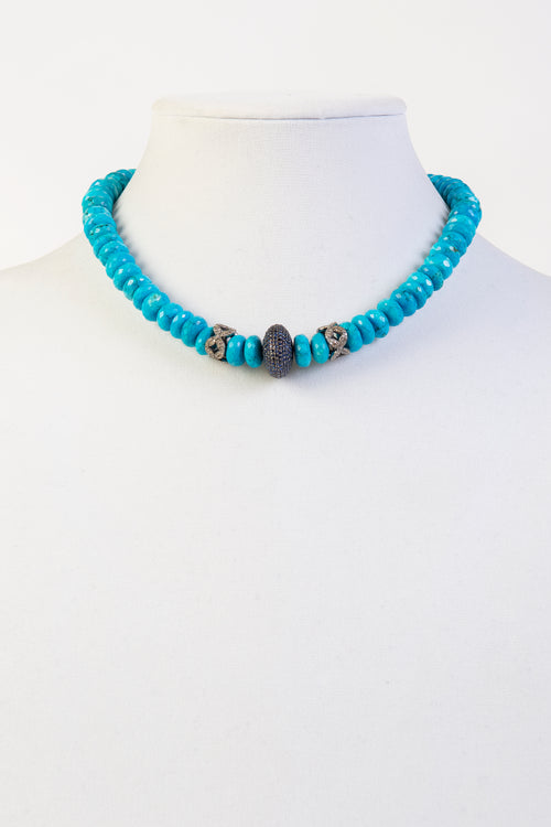 Faceted turquoise rondelle with pave sapphire and pave diamond beads