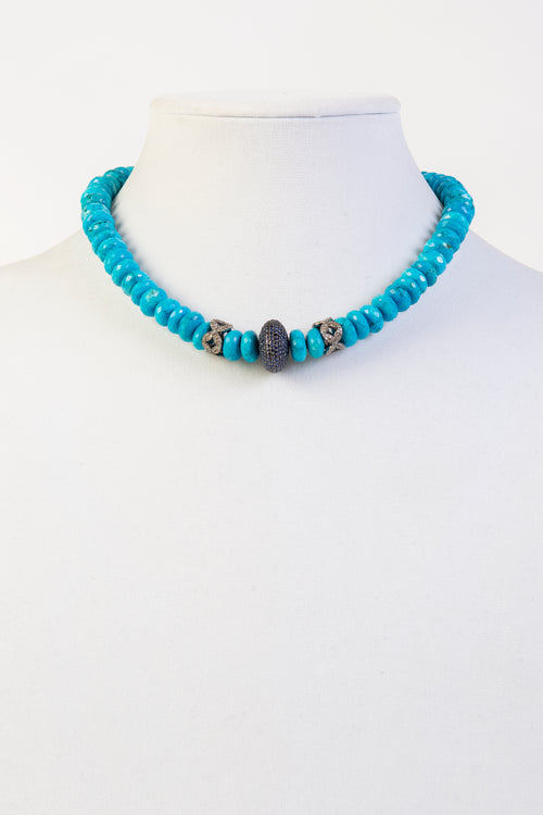 Turquoise rondelle with pave sapphire and pave diamond beads