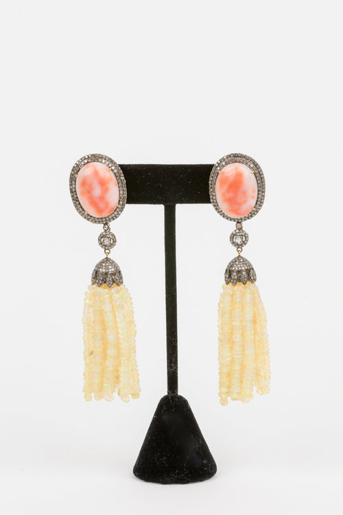 Pave Diamond, Coral, Opal Tassel Earring