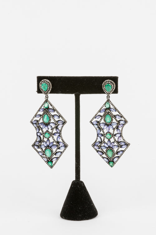 Pave Diamond, Emerald, Tanzanite Earrings