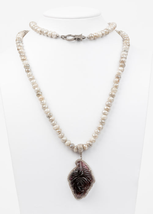 Pave Diamond , Carved Tourmaline Pendant on Mystic Moonstone Necklace