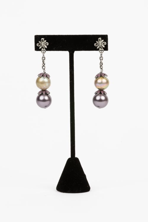 Pave Ruby and Pearl Earrings