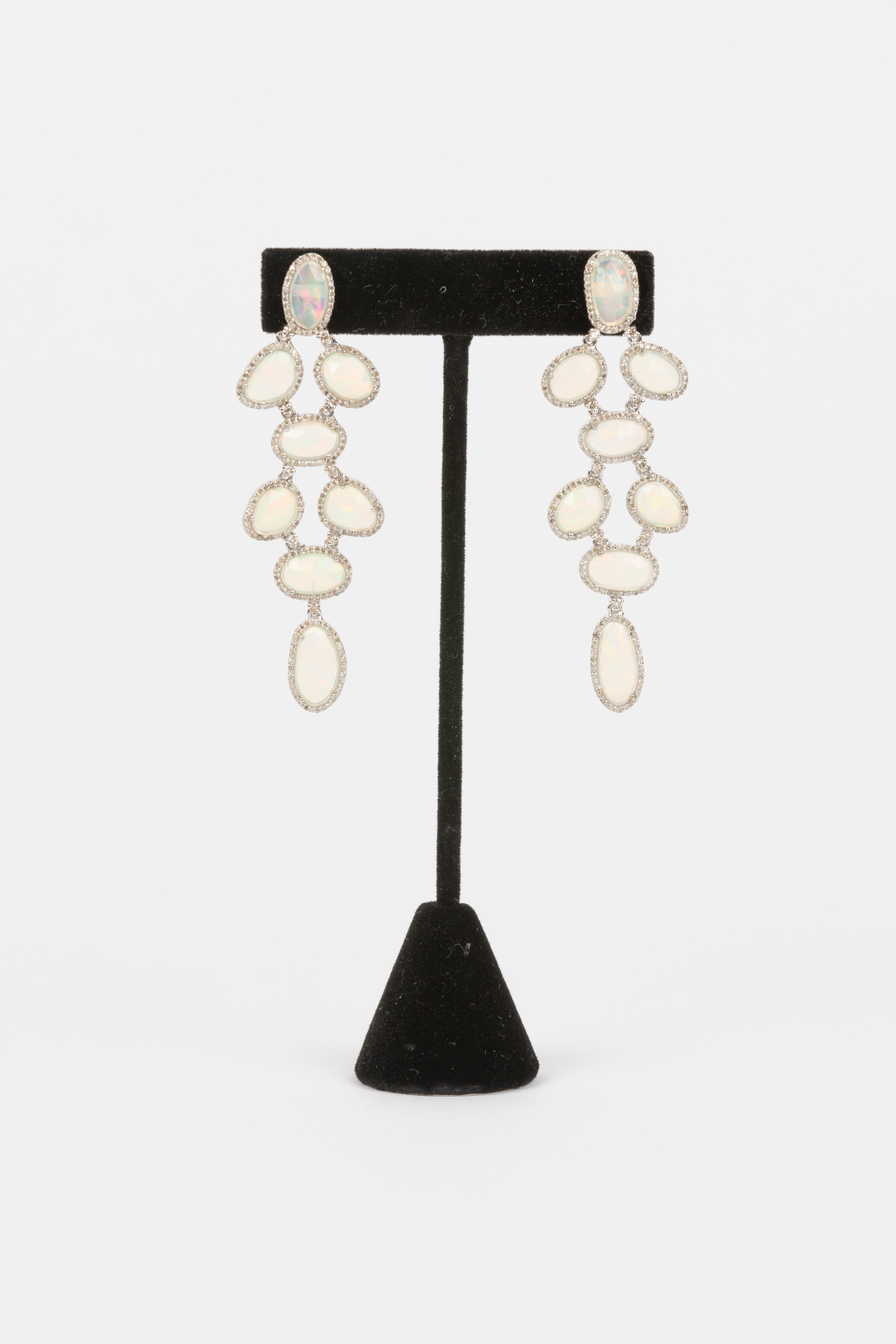 Pave  Diamond, Opal Earrings