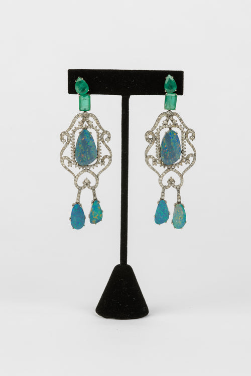 Opal, Diamond, Emerald Earrings