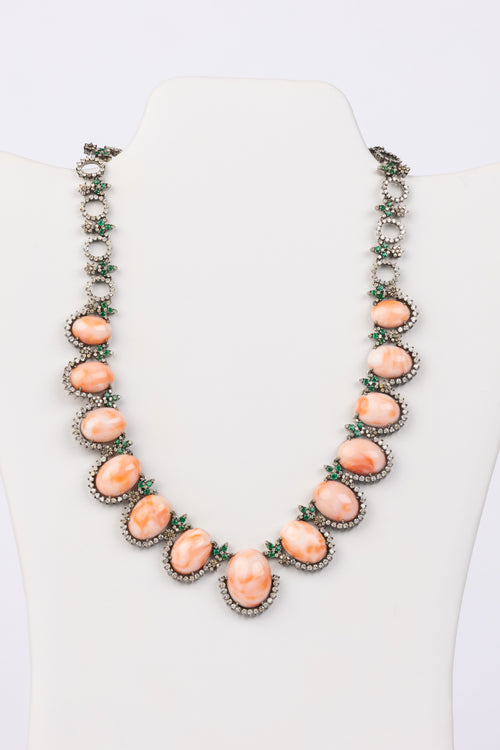 Natural Coral , Diamond and Emerald Necklace