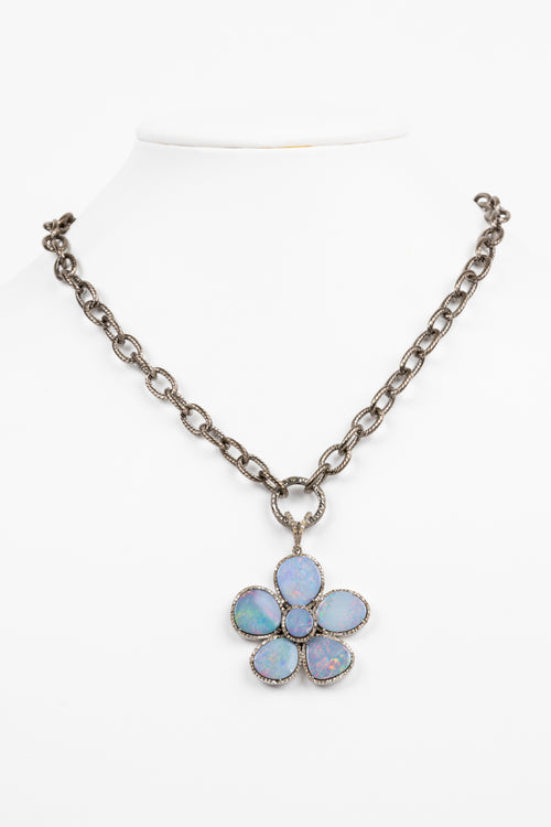 Pave Diamond, Opal Flower Necklace
