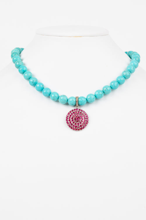 Pave Diamond, Ruby, Turquoise Necklace