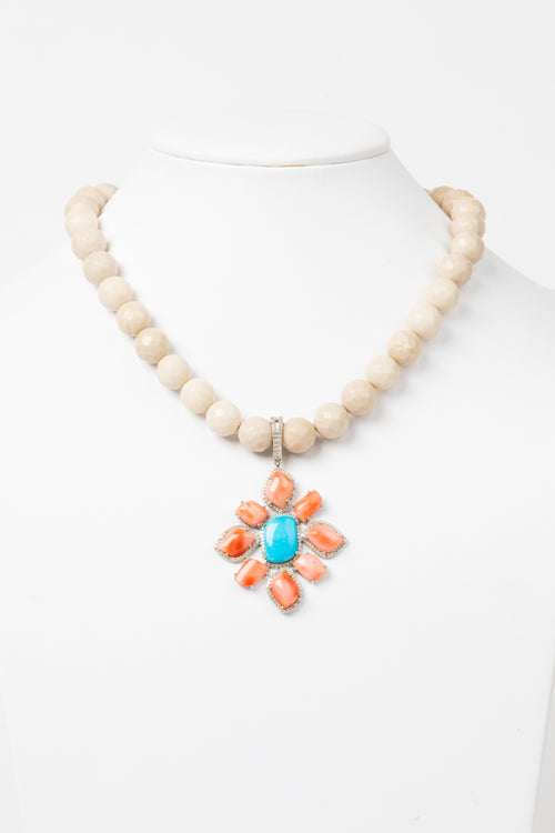 Pave Diamond, Coral, Turquoise, Agate Necklace