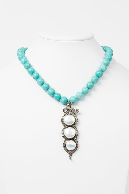 Pave Diamond, Pearl,Turquoise Necklace