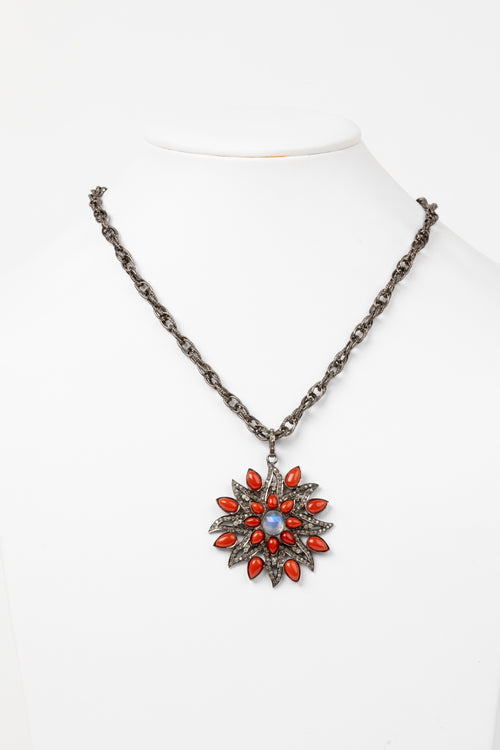 Pave Diamond, Coral, Moonstone Necklace