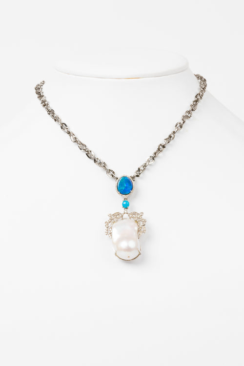 Pave Diamond, Pearl, Opal, Necklace