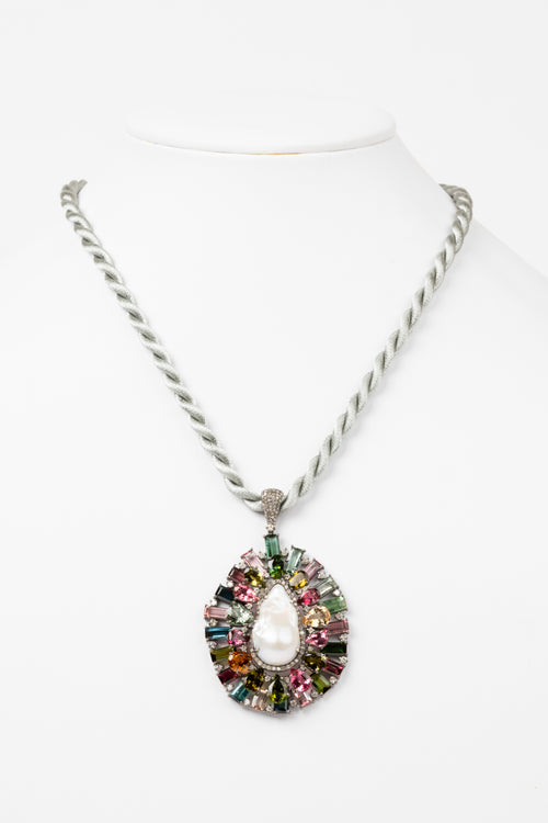 Pave Diamond, Pearl, Tourmaline Necklace