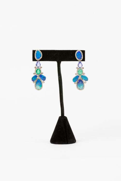 Pave Diamond, Opal, Tanzanite, Emerald Earrings