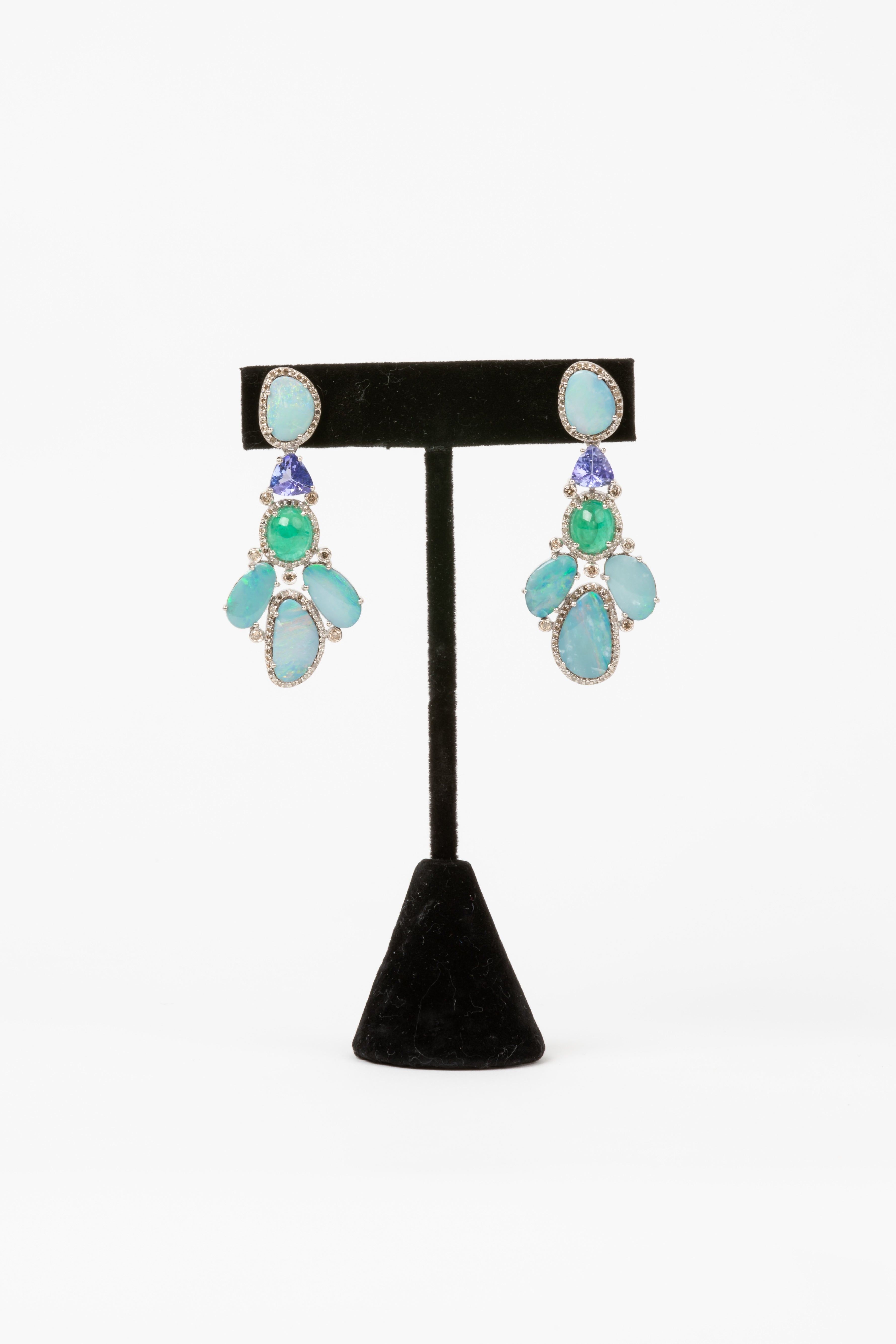 Pave Diamond, Opal, Emerald, Tanzanite Earrings