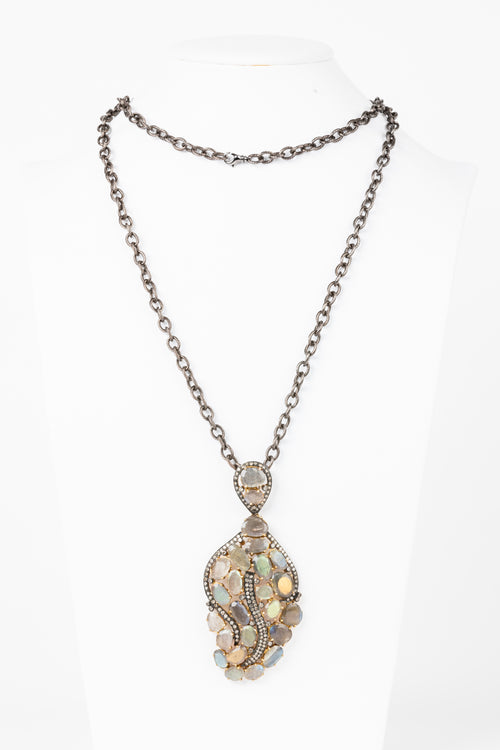 Pave Diamond, Labradorite Leaf Pendant Necklace