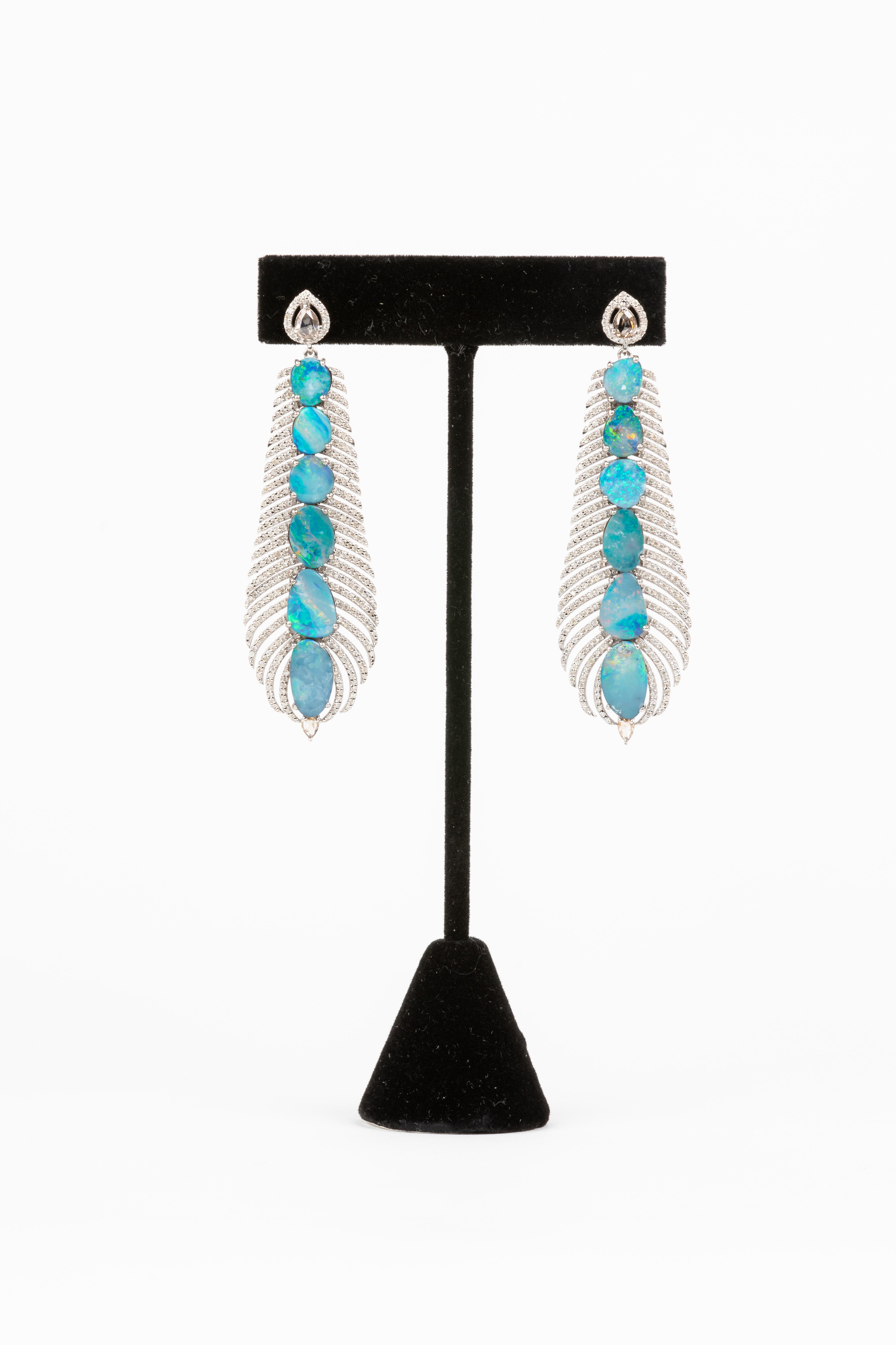 Pave Diamond, Australian Opal Feather Earrings