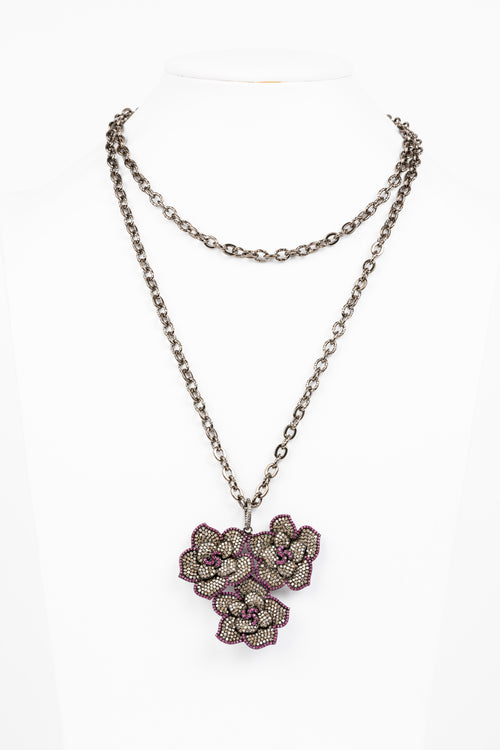 Pave Diamond, Ruby Flower Necklace