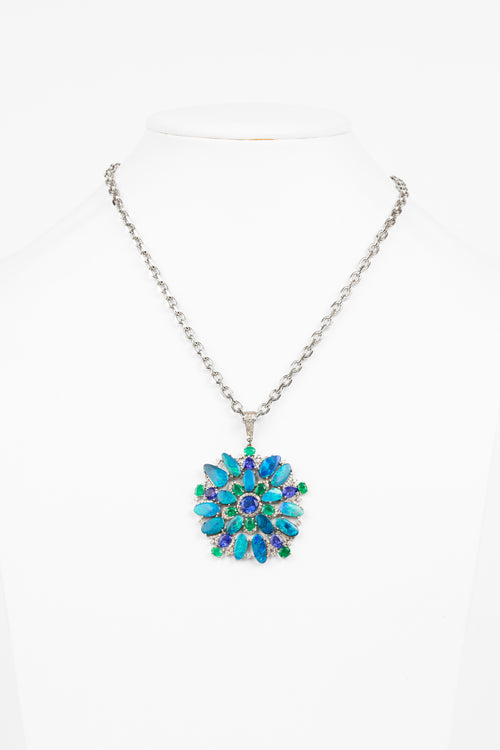 Pave Diamond, Australian Opal, Emerald, Tanzanite Necklace