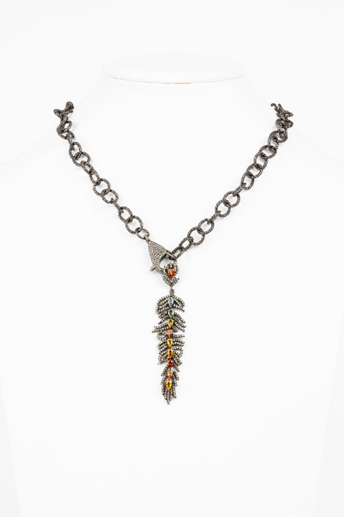 Pave Diamond , Sapphire Feather Necklace