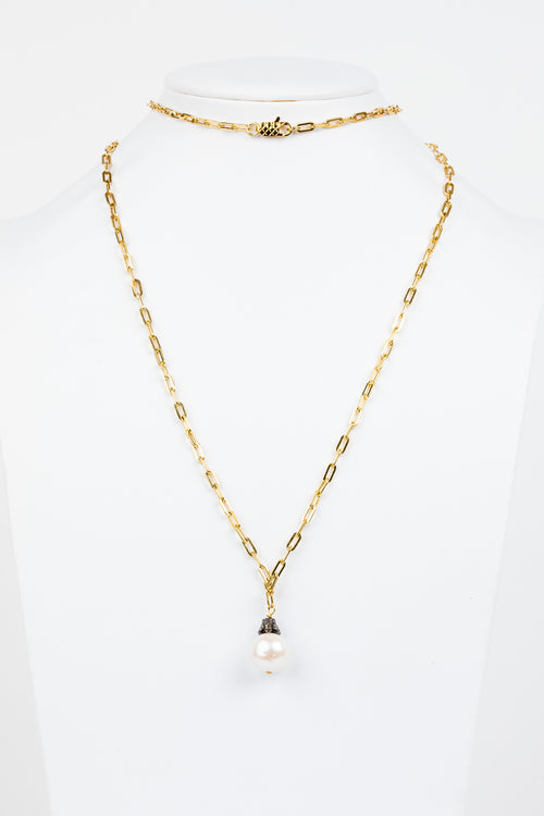 Pave Diamond , Pearl, Vermeil Chain Necklace