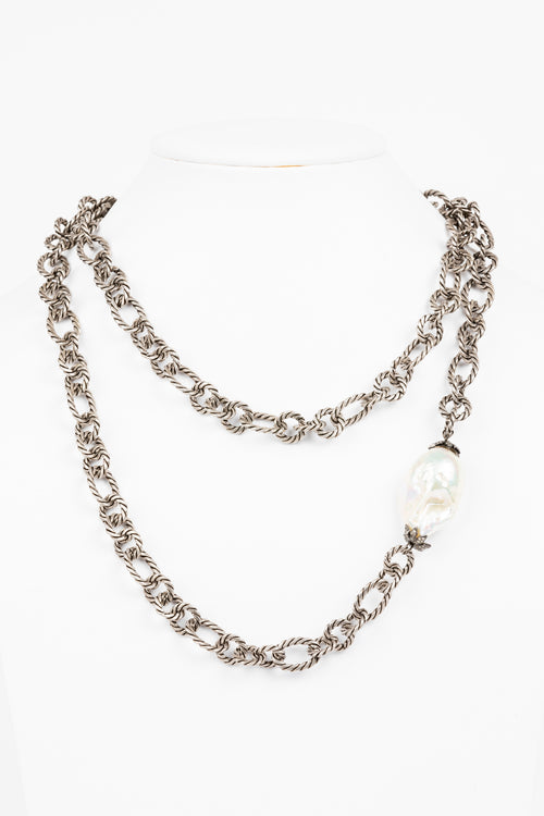 Pave Diamond, Pearl, Gunmetal Chain Necklace
