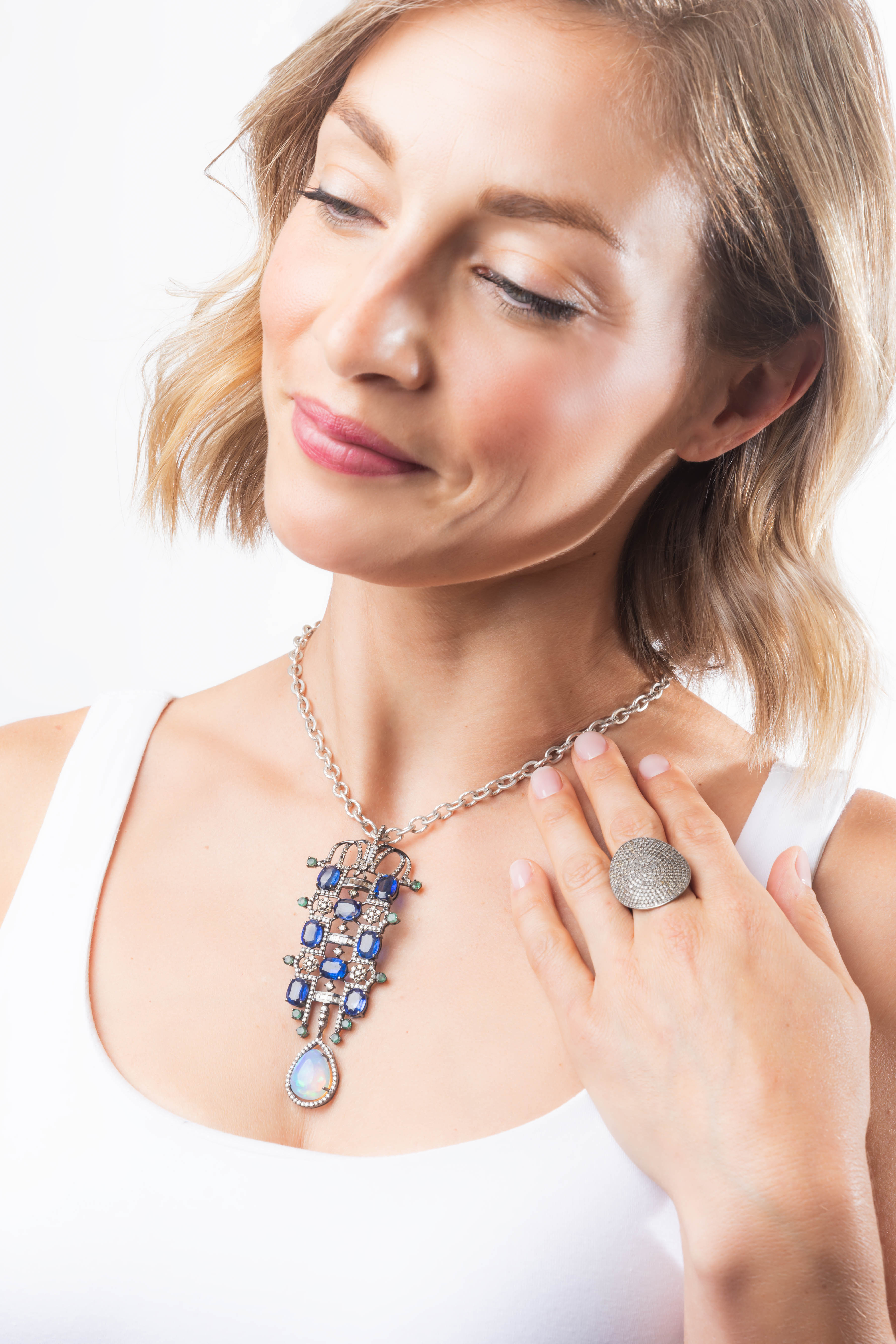Pave Diamond, Sapphire, Emerald, Opal Necklace