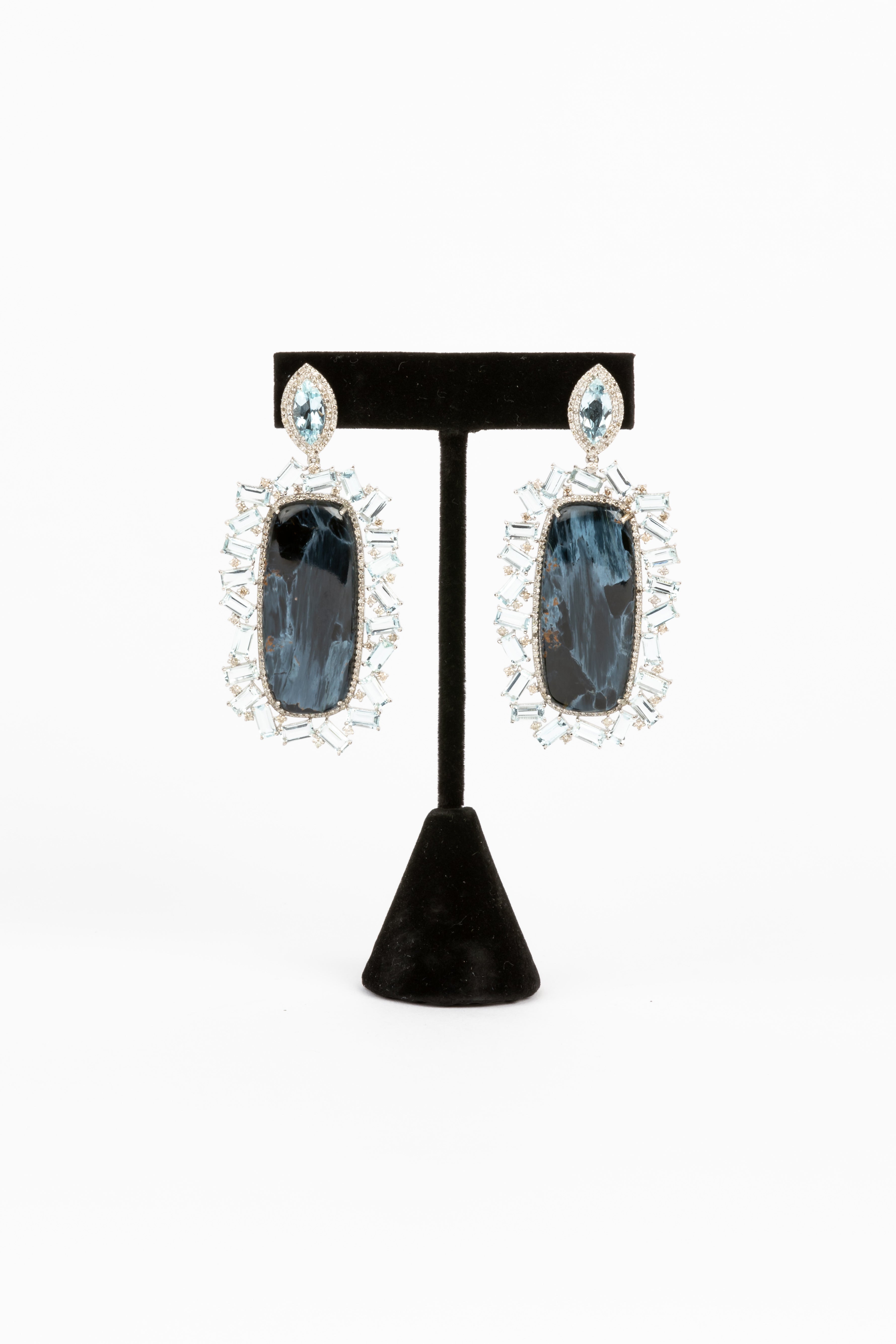 Pave Diamond, Aquamarine, Petersite Earrings