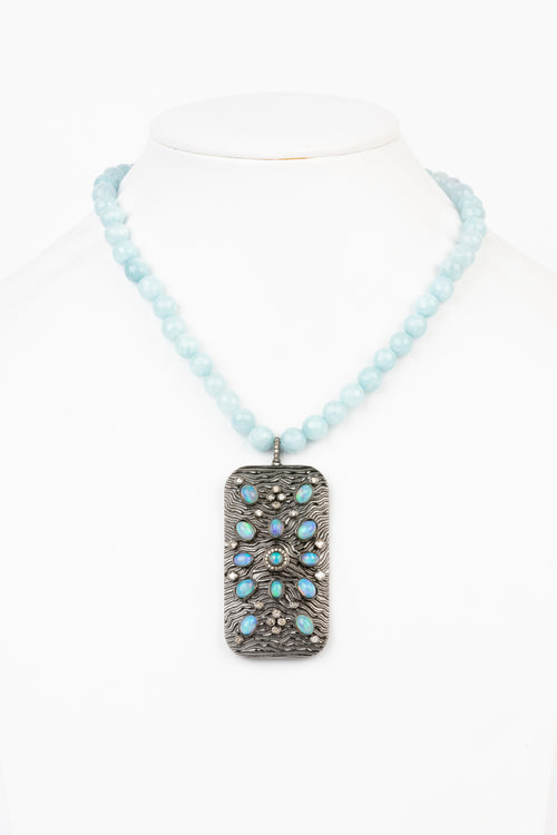 Pave Diamond, Opal, Aquamarine Necklace