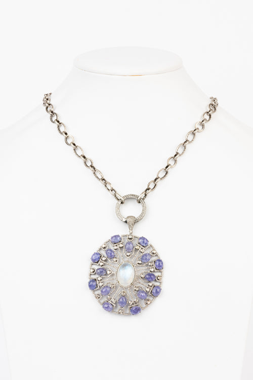 Pave Diamond, Moonstone, Tanzanite Necklace