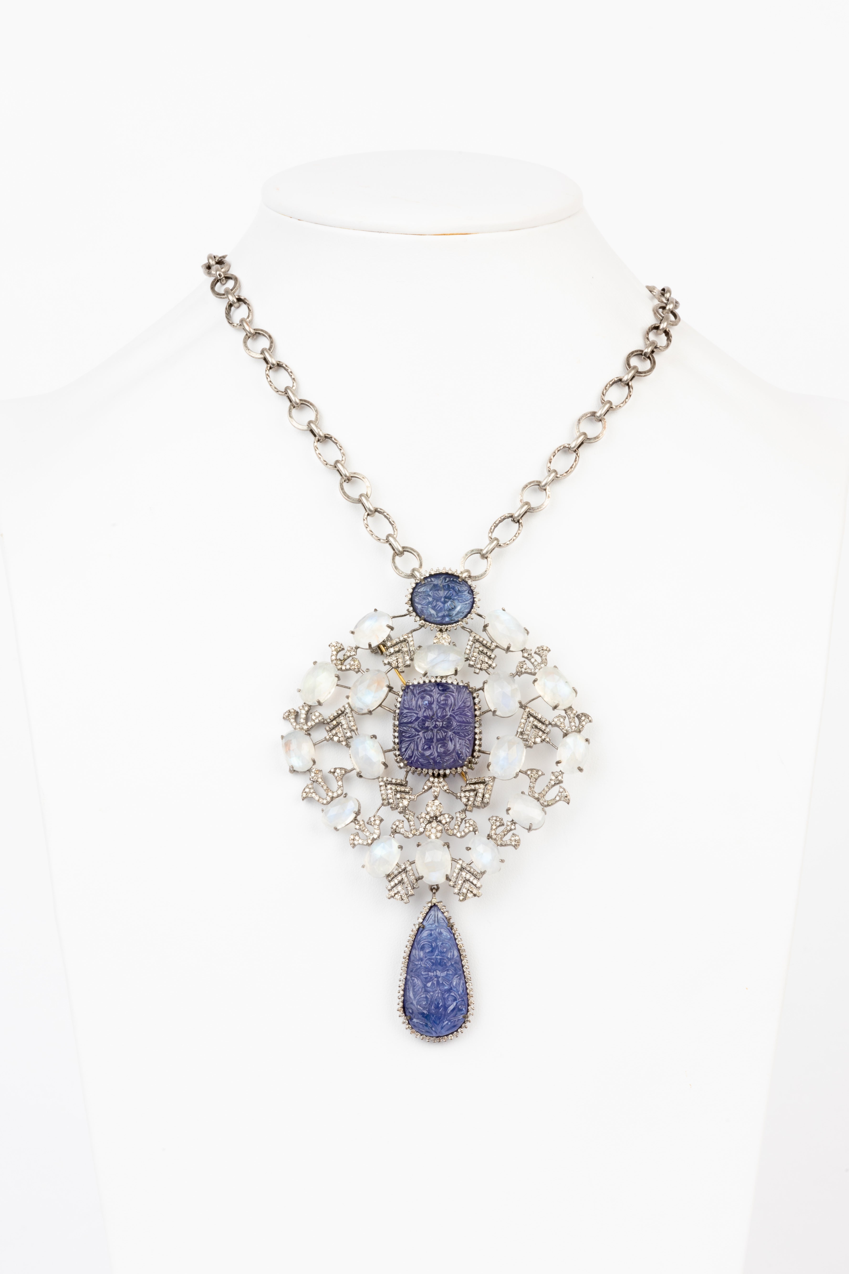 Pave Diamond, Moonstone, Tanzanite Necklace