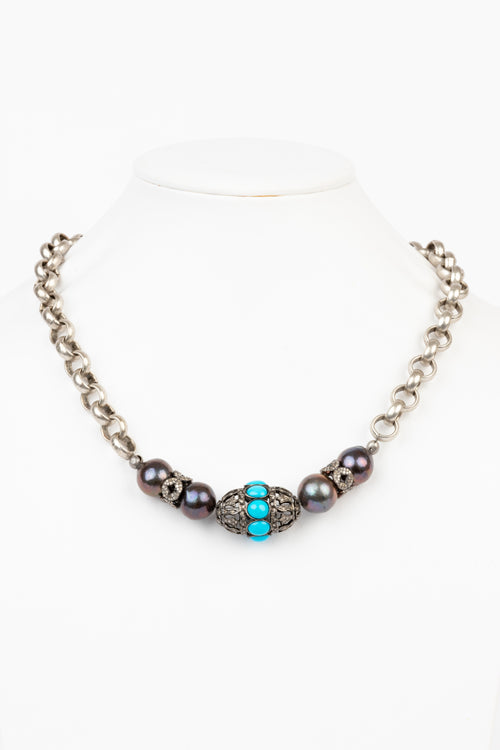 Pave Diamond, Turquoise , Pearl Necklace