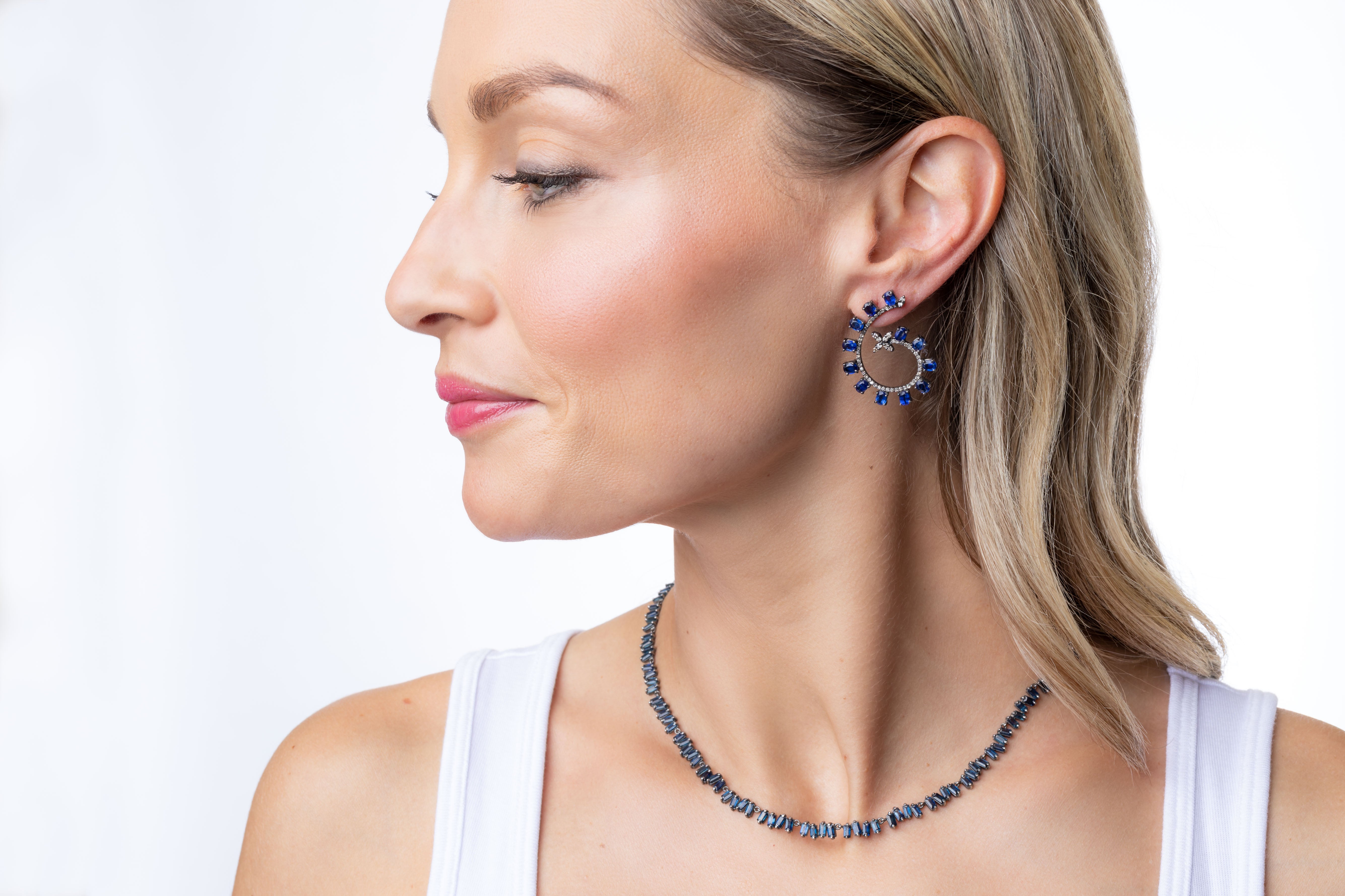 Pave Diamond, Baguette Sapphire Earrings