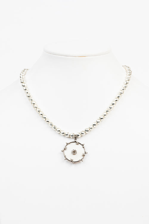 Pave Diamond, Enamel, Silver Pyrite Bead Necklace
