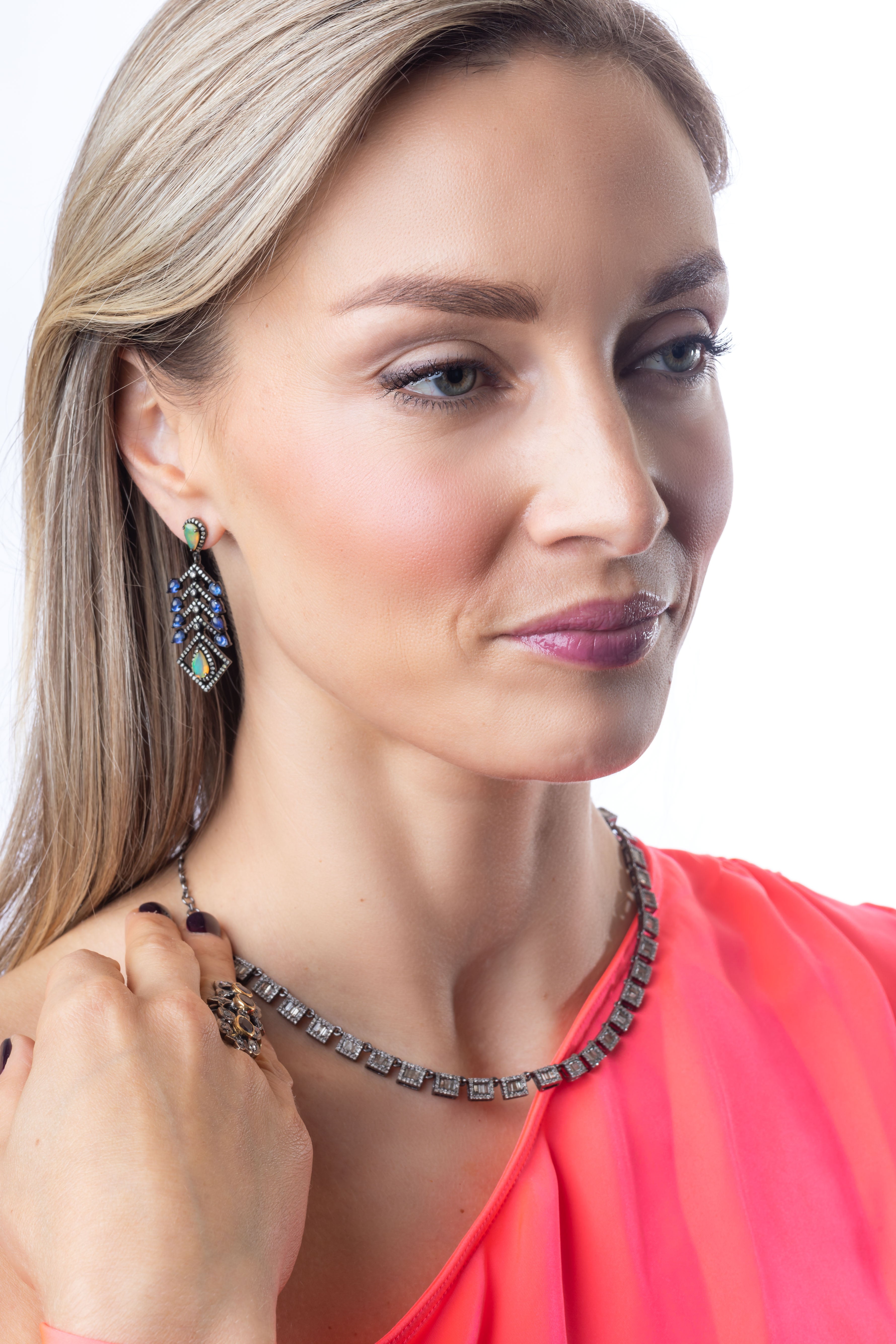 Pave Diamond, Sapphire, Opal Earrings