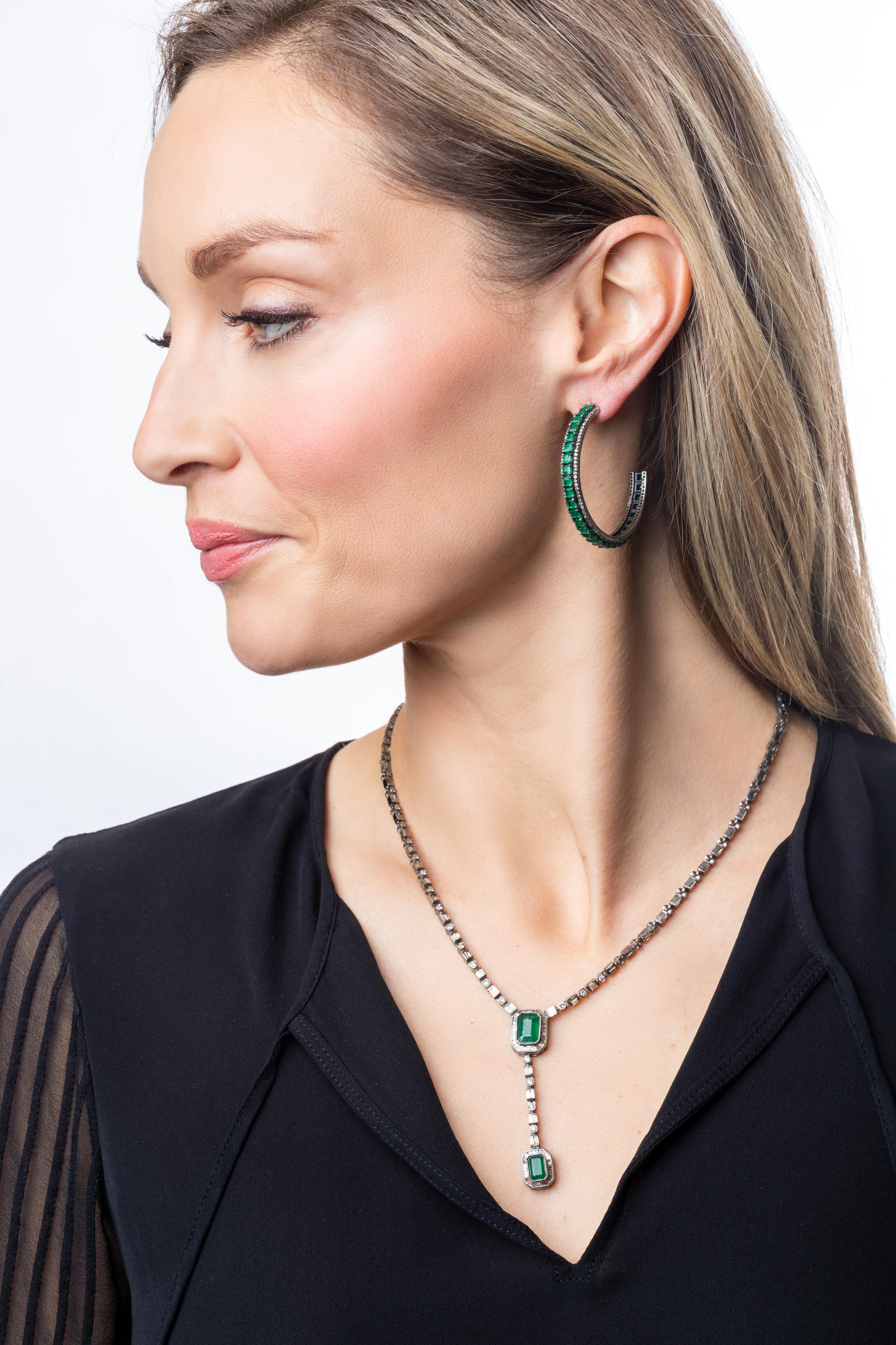 Pave Diamond, Emerald Hoop Earrings