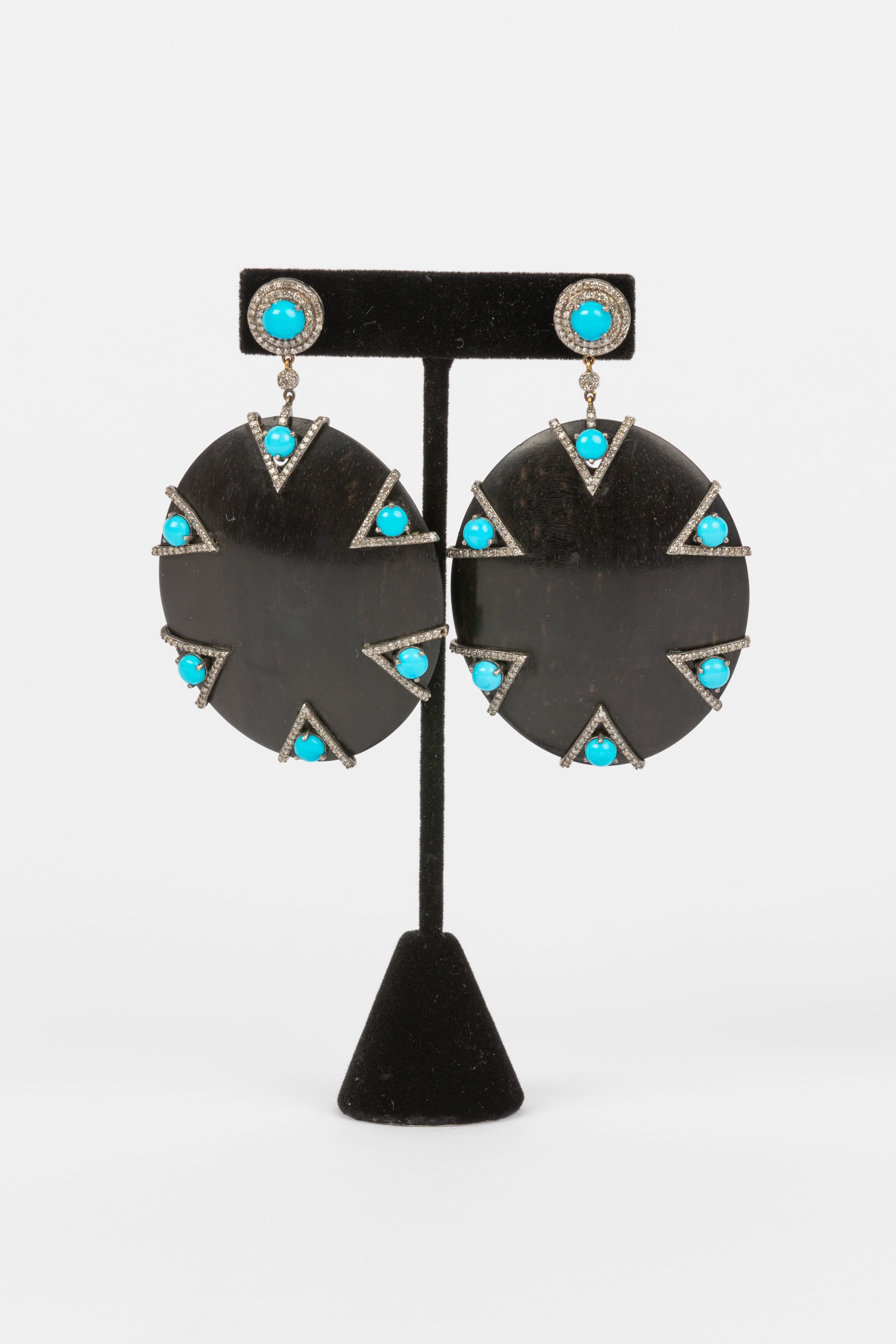 Pave Diamond, Wood, Turquoise Earring