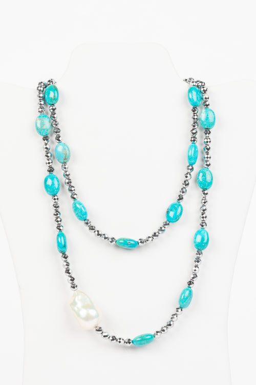 Turquoise, Baroque Pearl, Hematite Necklace