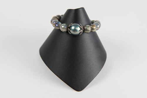 Faceted mystic labradorite with mother of pearl and pave diamond bead caps