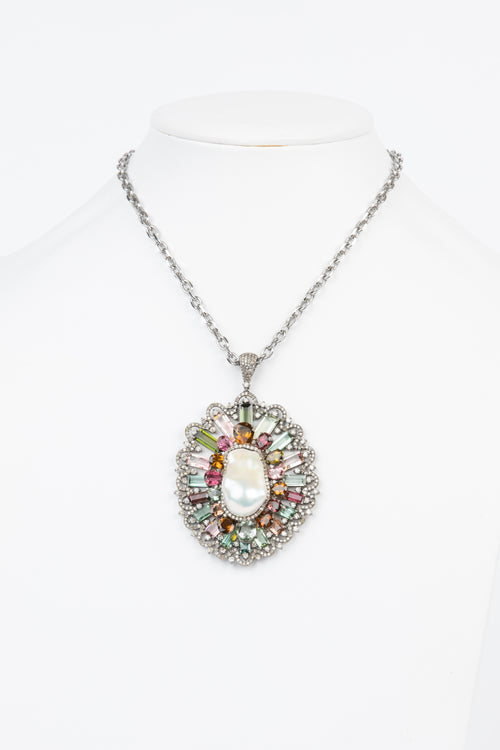 Pave Diamond, Pearl, Tourmaline Necklace