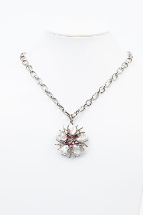Pave Diamond, Ruby, Pearl Necklace