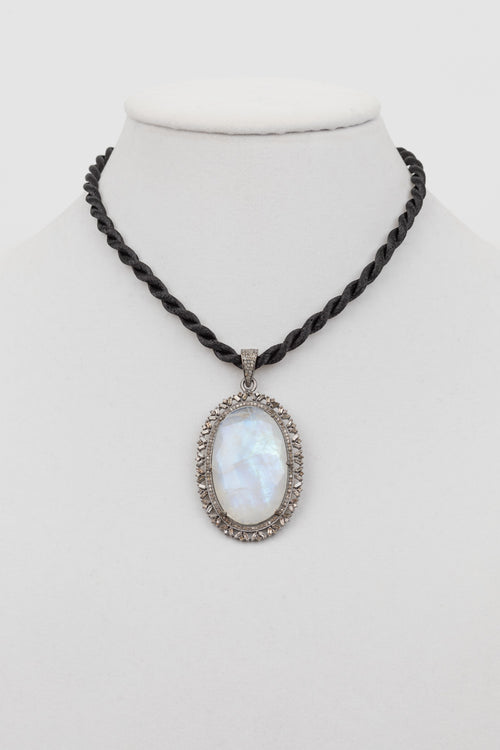 Baguette diamond, moonstone, on black silk cord
