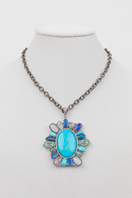 Pave diamond, turquoise, peridot, tsavorite ,  quartz pendant