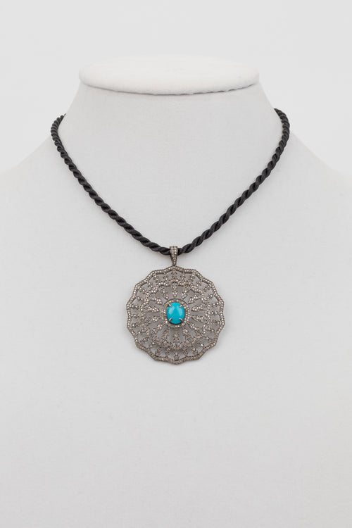 Pave diamond, turquoise pendant on black silk cord