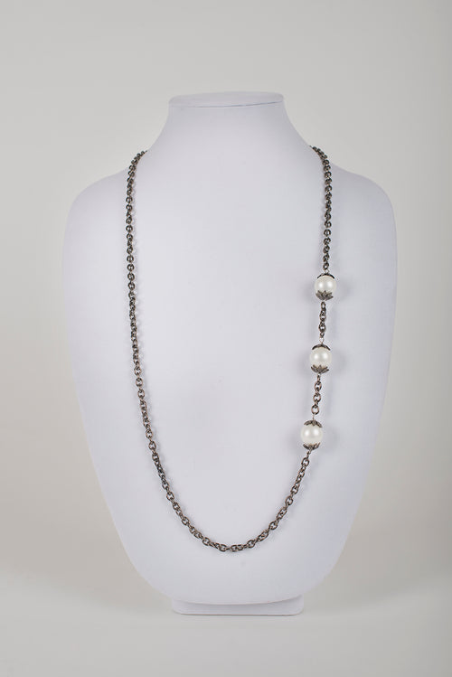 Pearl and Pave Diamond Bead Caps on Gunmetal Chain